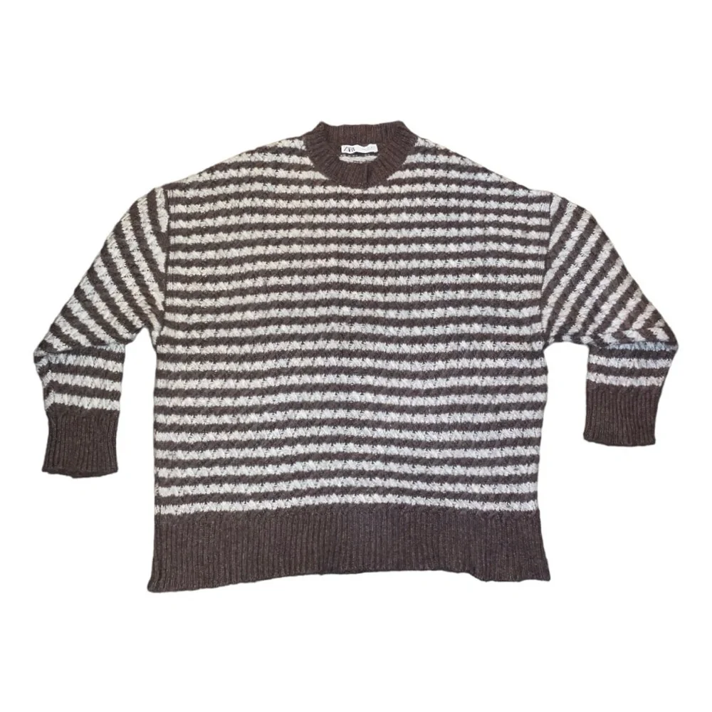 ZARA Brown and White Striped Oversized Slouchy Cozy Crewneck Knit Sweater Large - Picture 9 of 15